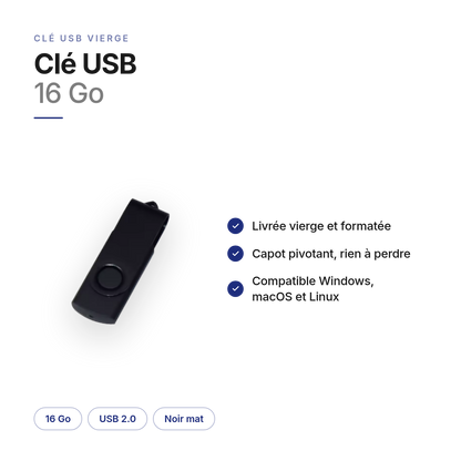 Clé USB 16 Go vierge : livrée formatée, capot pivotant, compatible Windows, macOS et Linux — 16 Go, USB 2.0, noir mat