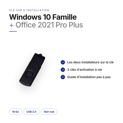 Contenu de la clé USB Windows 10 Famille + Office 2021 Pro Plus : les deux installateurs, 2 clés d'activation à vie, guide — 16 Go, USB 2.0