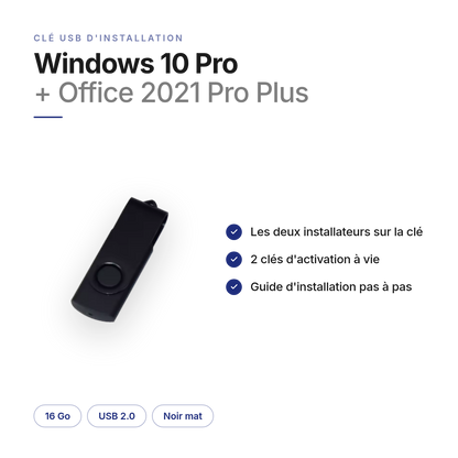 Contenu de la clé USB Windows 10 Pro + Office 2021 Pro Plus : les deux installateurs, 2 clés d'activation à vie, guide — 16 Go, USB 2.0